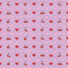 Cute cherry Y2k style pattern with baby pink background seamless fabric design pattern