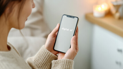 Woman setting phone on shelf in minimalist bedroom before bedtime for better sleep routine