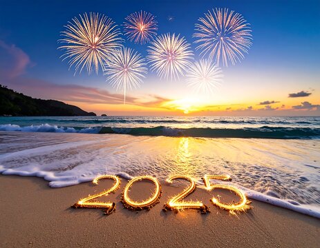 Fireworks over beach at sunset - Powered by Adobe