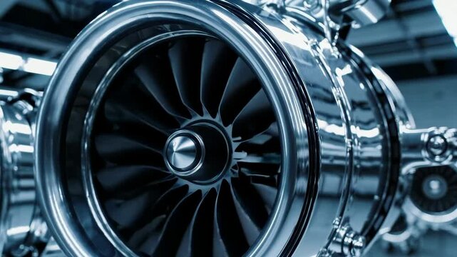 Closeup of spinning turbine engine in detailed mechanical environment