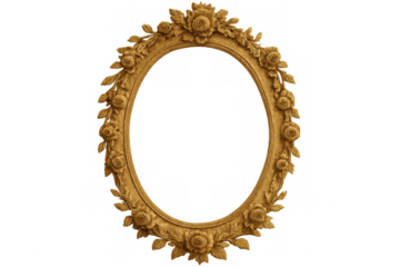 Ornate baroque golden oval frame embellished with delicate rose petals and leafy scrollwork, resting against transparent backdrop