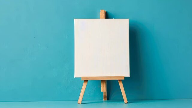 Blank Canvas of Creativity: A minimalist composition showcases a blank canvas on a wooden easel against a vibrant blue backdrop, ready to capture the next artistic vision.