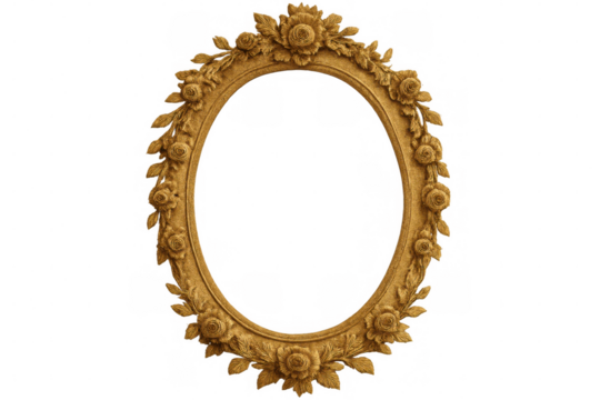 Ornate baroque golden oval frame embellished with delicate rose petals and leafy scrollwork, resting against transparent backdrop