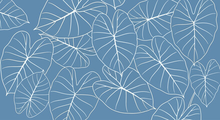 Tropical Leaves Pattern Aesthetic Botanical Design on Blue Background,  Nature-Inspired Illustration for Serene Decoration