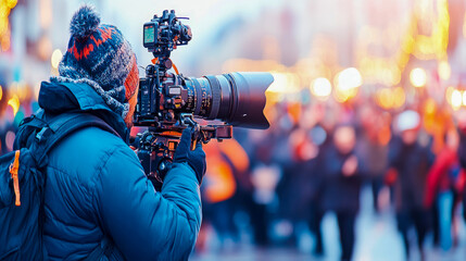Professional videographer filming vibrant city lights during a winter evening outdoor event, capturing content for broadcast or celebration documentation.