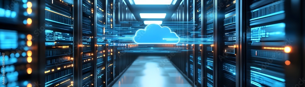 Poster a modern data center showcasing rows of server racks with glowing lights and a digital cloud in the 