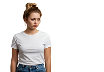 A woman with tired, drooped eyes on transparent background