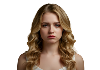 A woman with tired, drooped eyes on transparent background