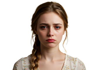 A woman with tired, drooped eyes on transparent background