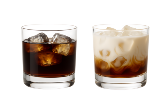 Classic cocktail drinks with coffee liqueur and cream served in lowball glasses isolated on transparent background