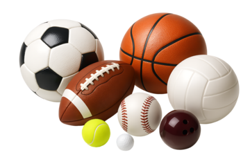 Collection of various sports balls including football basketball and tennis isolated on transparent background