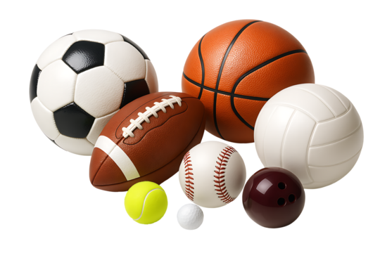 Collection of various sports balls including football basketball and tennis isolated on transparent background