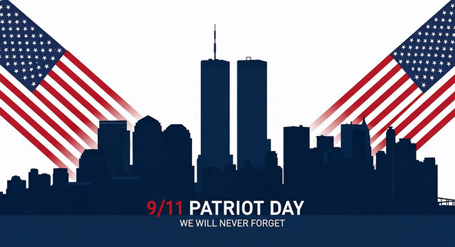 9/11 Patriot Day: We Will Never Forget. A poignant silhouette of the NYC skyline, including the Twin Towers, framed by American flags - Powered by Adobe