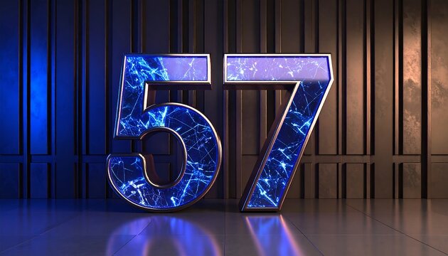 Digit 57, vibrant blue glow