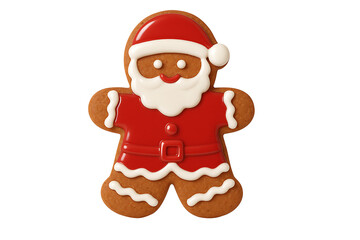 Cute santa claus shaped gingerbread cookie with icing decoration isolated on transparent background