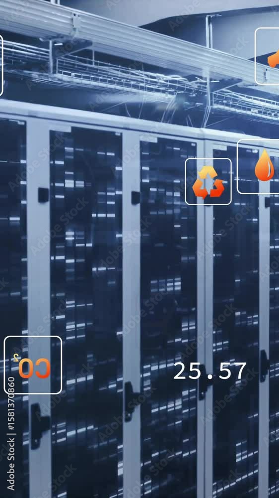 Poster animation of data processing and ecology icons over server room
