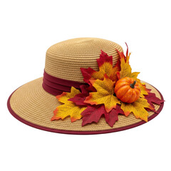 Elegant straw sun hat decorated with autumn leaves and a mini pumpkin. Perfect for fall fashion and seasonal promotions.