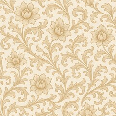 Elegant seamless floral pattern with intricate golden brown stylized flowers and swirling acanthus leaves on a cream background evoking classic damask wallpaper