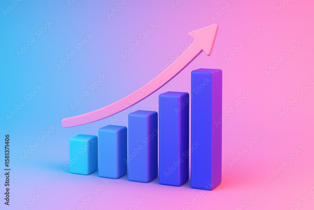 Poster abstract 3d bar graph with an upward trending arrow indicating growth and success against a vibrant 