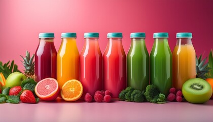 colorful fruit juice bottles arranged in a row with vibrant pink and green gradient background featuring fresh fruits and greens on a pink surface
