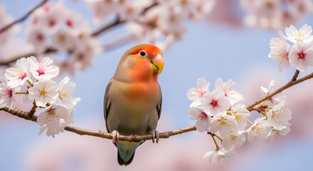 Fototapeta premium Japanese Lovebird Grace: Peach-Faced Pet on Blooming Cherry Blossom Branch