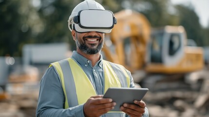 Construction Site Operator with VR Headset. Medium shot of a smiling male operator wearing virtual reality goggles and holding a tablet for modern construction, technological advancement, or digital p