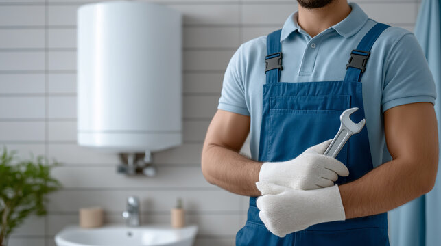 Plumber Ready with Wrench. Medium close-up of a male professional's torso holding a wrench in a modern bathroom, ready for plumbing, maintenance, or repair services.
