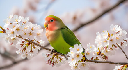 Fototapeta premium Japanese Lovebird Grace: Peach-Faced Pet on Blooming Cherry Blossom Branch