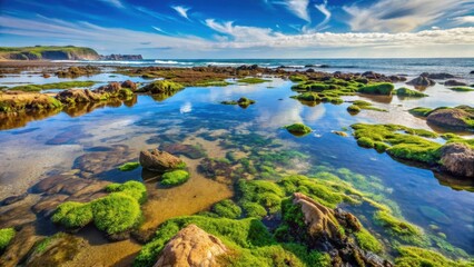 Low tide exposed coastline with rocky shores and tidal pools filled with seaweed and marine life