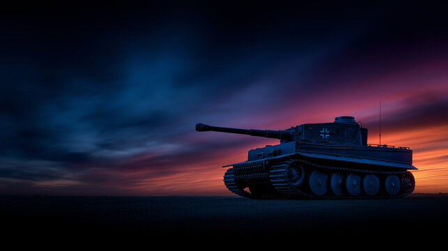 Tiger Tank Silhouette at Sunset. Powerful high-contrast image of a German World War II tank for history, military, or dramatic concepts.