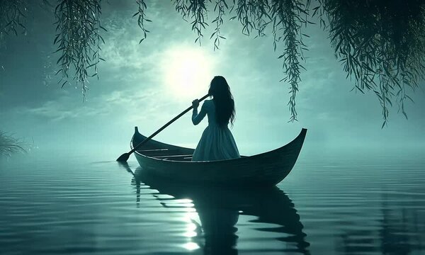 A woman in a boat on a misty lake at night under willow trees