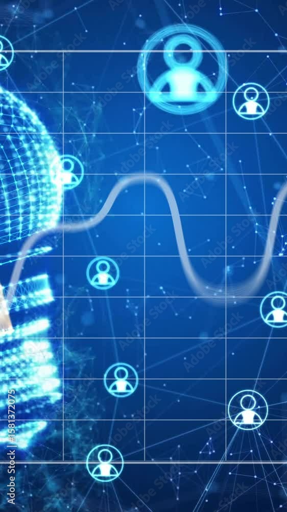 Poster animation of network of connections with icons over lightbulb and diagram