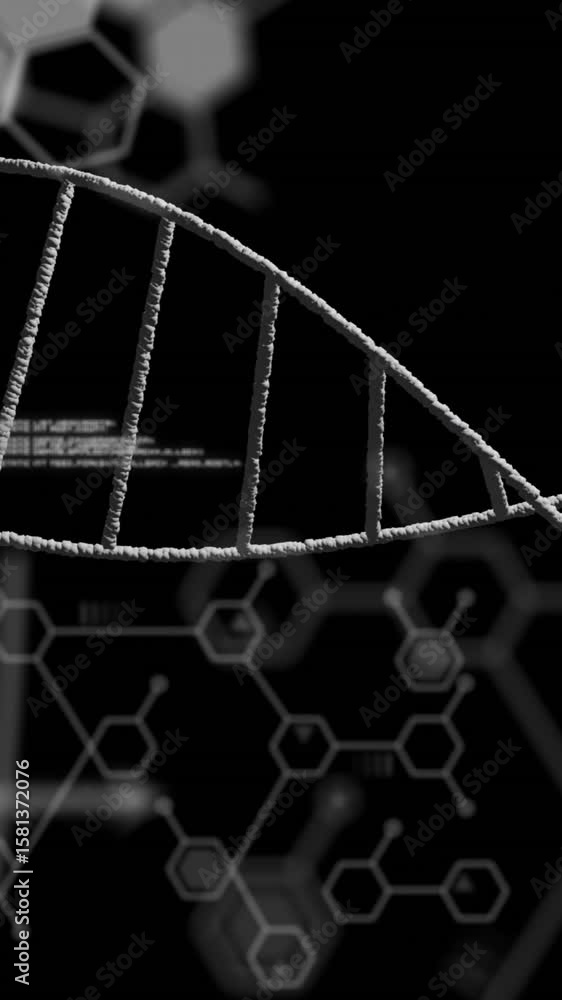 Poster animation of dna strand with chemical formula and data processing on black background