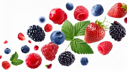 isolated white background showing falling wild berries focused on the mix