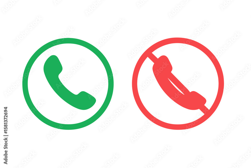 Poster accept and decline call button icons for mobile app ui. green answer phone symbol and red reject cal