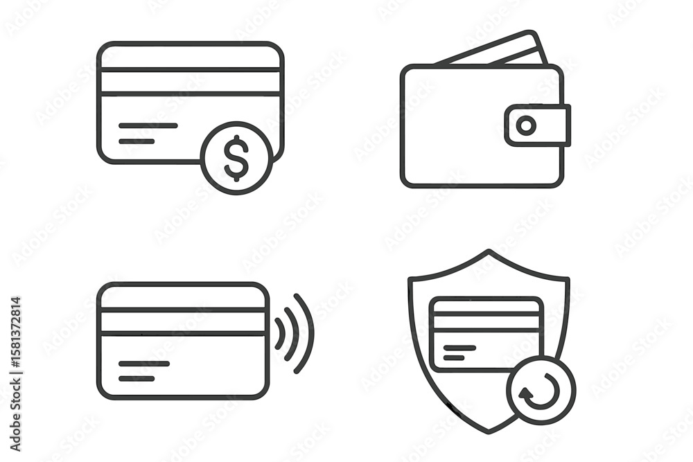 Poster credit card icon set for web and mobile. finance linear symbols. contactless nfc payment. secure tra