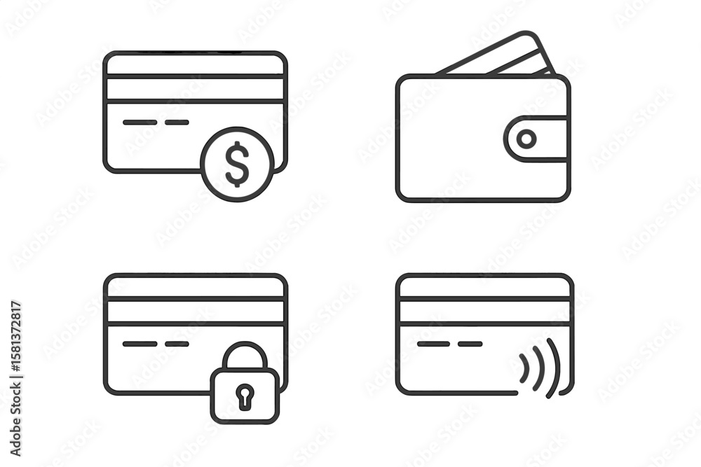 Poster credit card icon set. 4 linear vector icons for finance, banking. includes concepts for digital paym