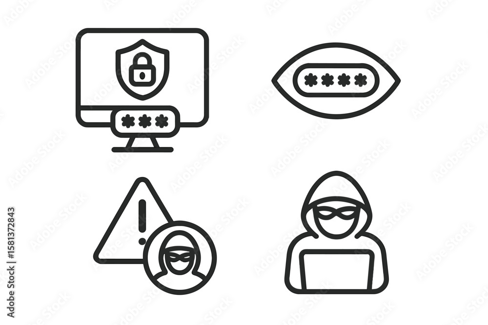 Poster cyber security line icon set. hacker, password protection, and data privacy symbols. computer networ