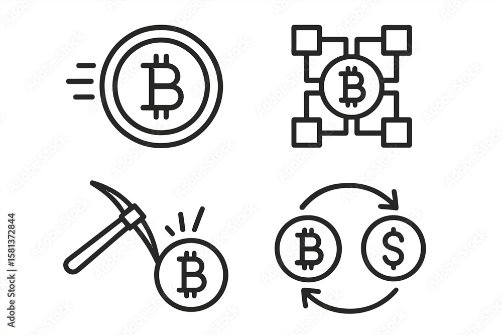Poster cryptocurrency set of 4 web icons in line style. bitcoin linear icon collection with crypto currency