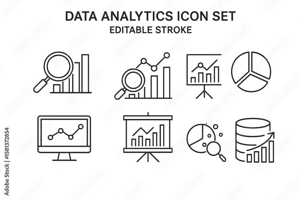 Poster data analysis icon set. business analytics, big data visualization concepts. editable stroke thin li