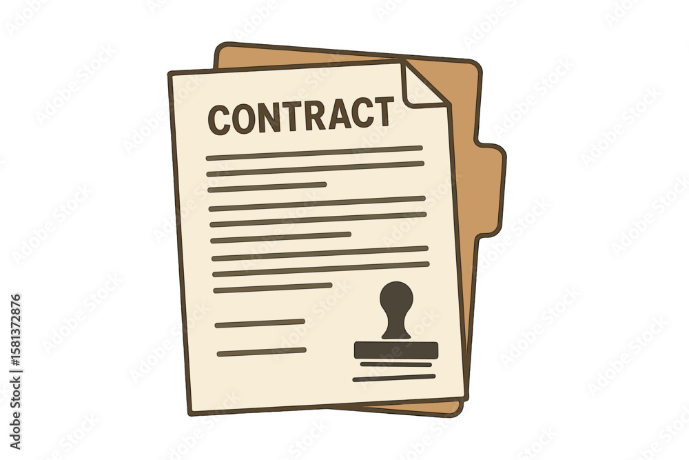Poster contract document folder with papers, contract conditions for research or approval validation. vecto