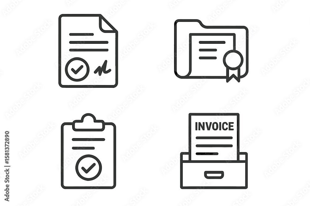 Poster document web icons set. line style vector icon collection of business essentials. signed contract, c