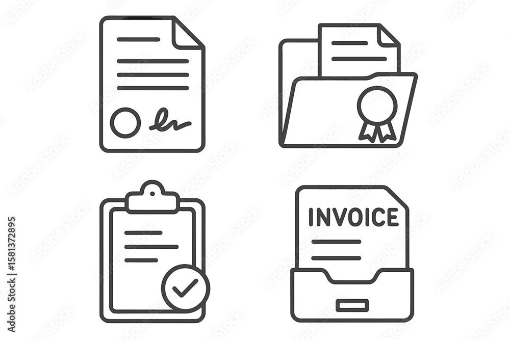 Poster document icon set in thin line style. vector collection of business symbols. contract with signature