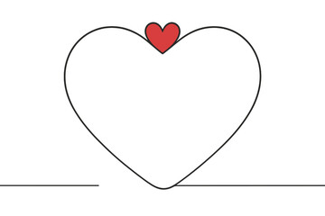 Continuous line heart border with red heart accent. Minimalist love symbol. One line romantic heart frame. Valentine&rsquo;s Day outline design. Modern linear love concept vector