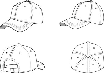 Vector sketch of baseball cap in four views—front, side, back, top—with curved brim, strap, panel stitching, fashion mockup template for apparel design