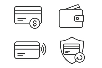 Credit card icon set for web and mobile. Finance linear symbols. Contactless nfc payment. Secure transaction shield. Money in wallet. Online banking. Thin line pictogram.