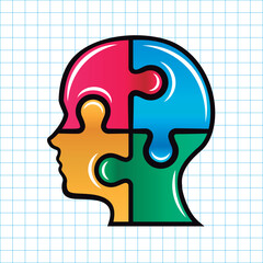 Man head profile colorful puzzle. Vector isolated on blue square grid with white background.