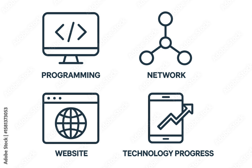 Fototapete Modern Information Technology Web Icons Set. Line Style Vector Illustrations for Programming, Network, Website, Technology Progress, Internet, Devices, Mobile App Design