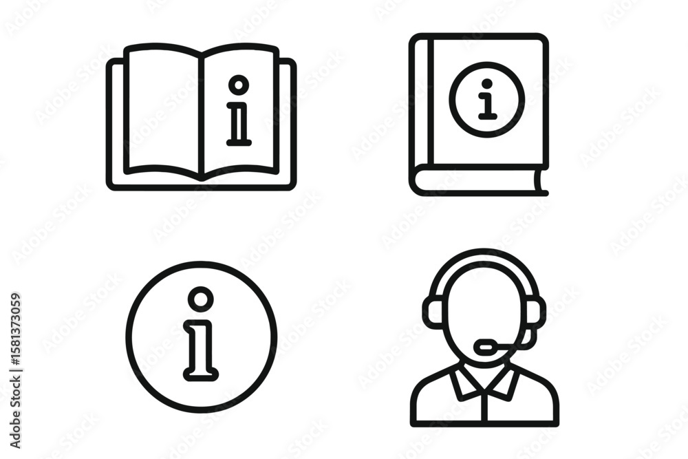 Poster set of 4 information web icons in modern line style, including info symbols and help desk support, f