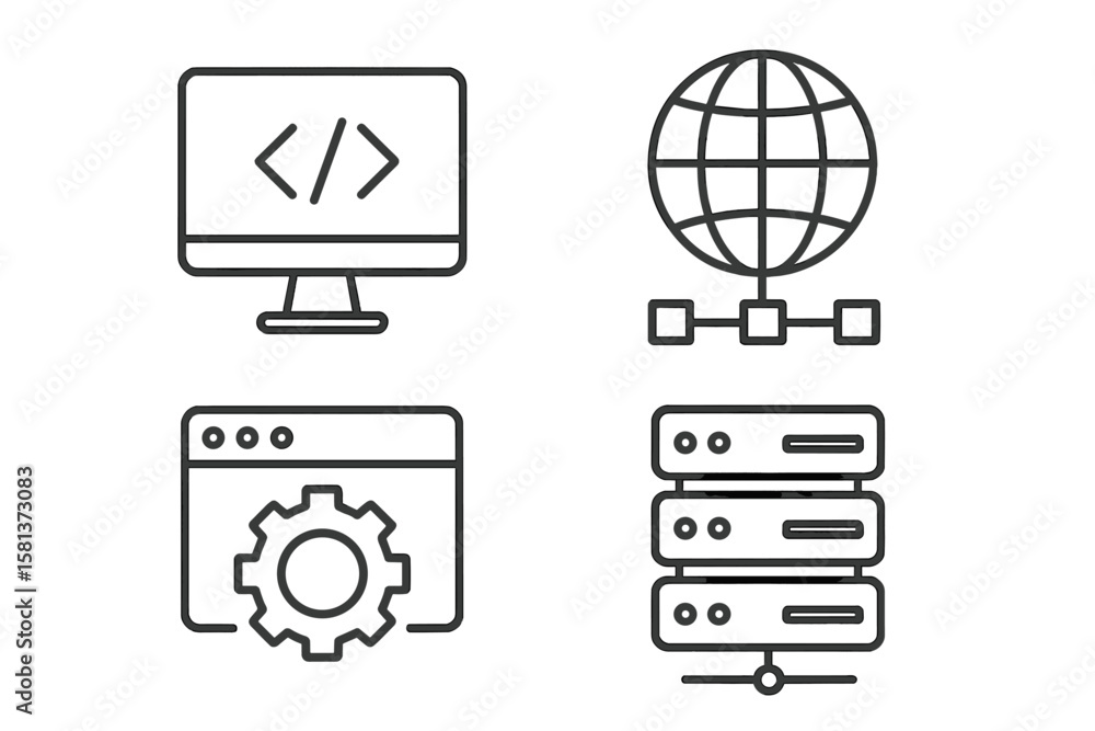 Poster set of 4 information technology line style icons for web and mobile apps, including programming, net